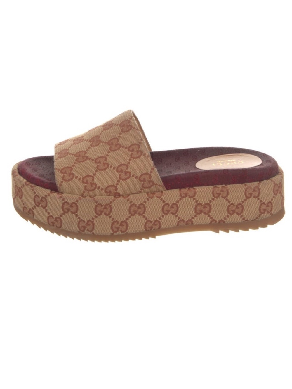 Gucci Tan Monogram Platform Slide Sandal with Burgundy Footbed